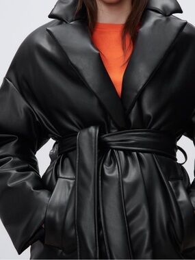 Zara Black Faux Leather Belted Puffer Jacket Coat